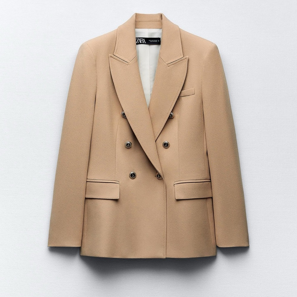 Zara Beige Double-Breasted Suit Jacket